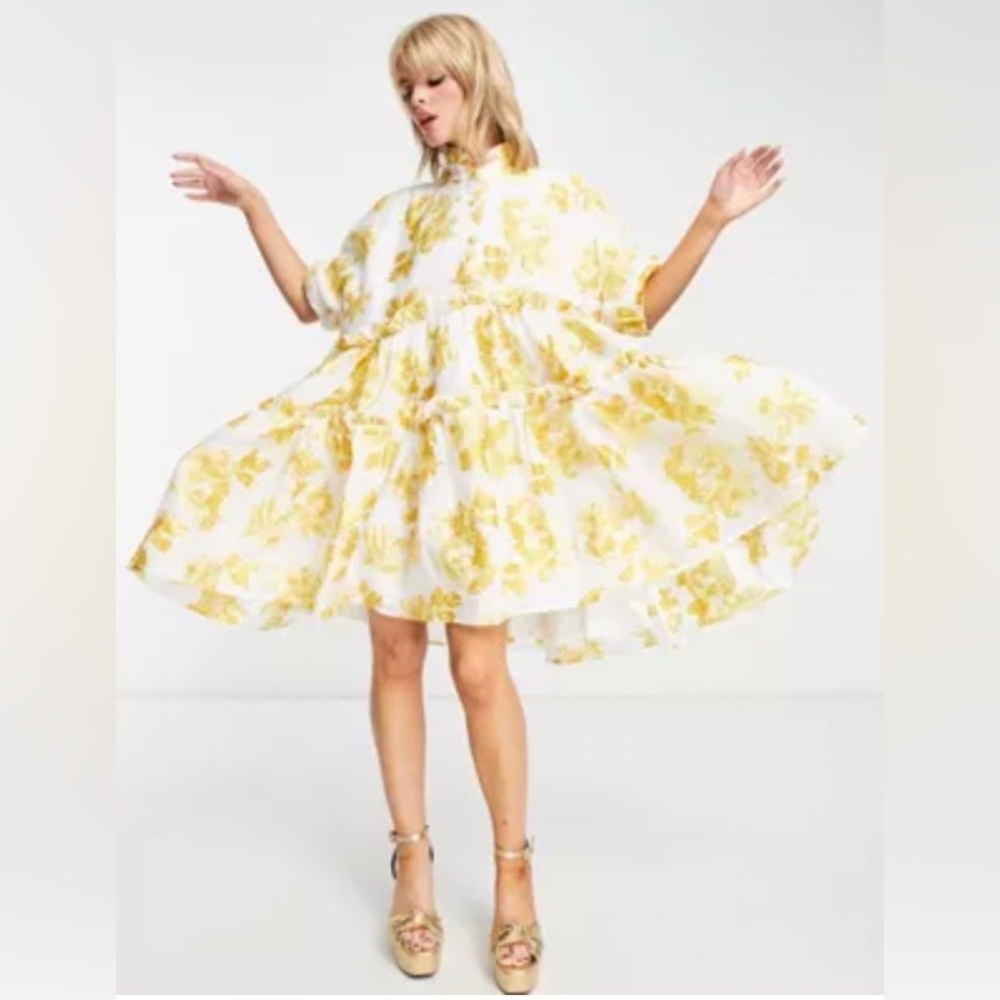 Dream Sister Jane Oversized Jacquard Smock Dress In Golden Yellow Floral